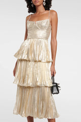 Sparkly Crystal Bustier Sleeveless Metallic Pleated Tiered Cocktail Midi Dress