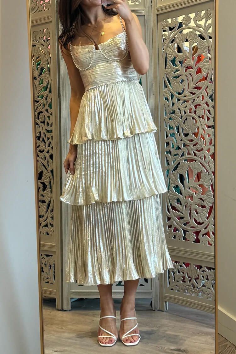 Sparkly Crystal Bustier Sleeveless Metallic Pleated Tiered Cocktail Mi Rosedress