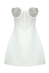Sparkly Crystal Heart Shape Semi Sheer Strapless Party Mini Dress - White