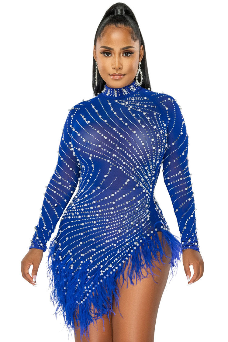 Sparkly Crystal High Neck Sheer Mesh Bodycon Feather Party Mini Dress - Blue