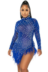 Sparkly Crystal High Neck Sheer Mesh Bodycon Feather Party Mini Dress - Blue