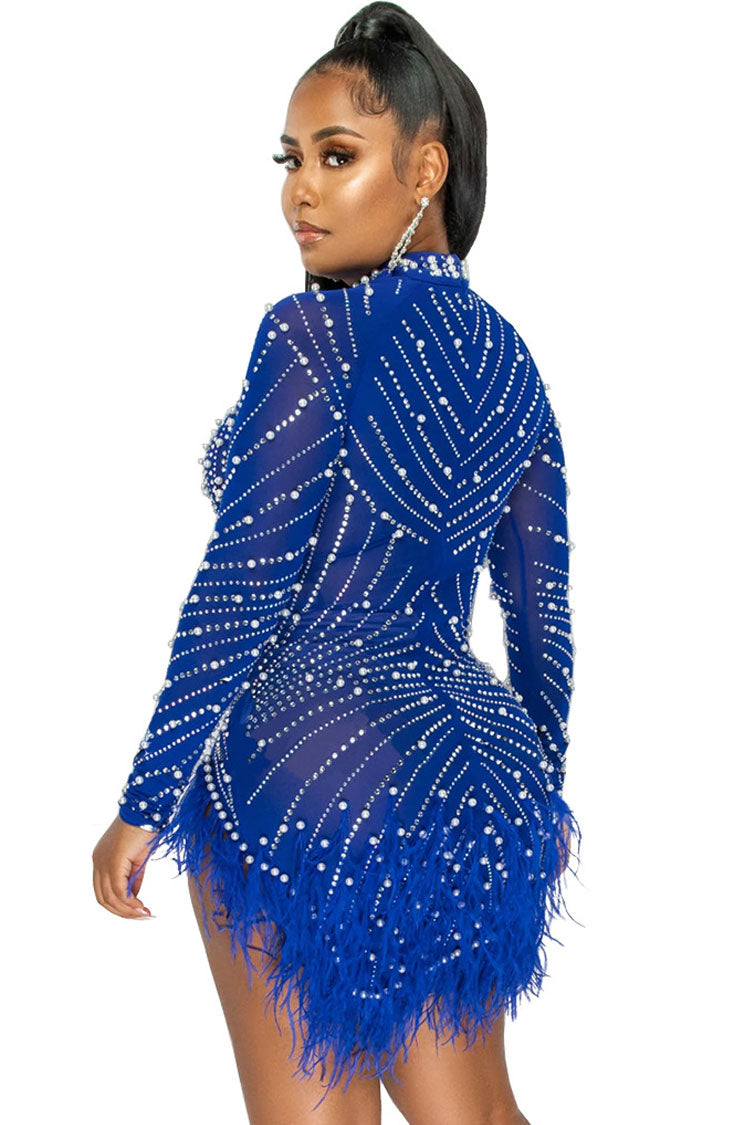 Sparkly Crystal High Neck Sheer Mesh Bodycon Feather Party Mini Dress - Blue