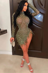 Sparkly Crystal High Neck Sheer Mesh Bodycon Feather Party Mini Dress - Green