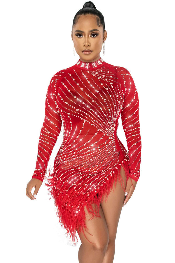 Sparkly Crystal High Neck Sheer Mesh Bodycon Feather Party Mini Dress - Red