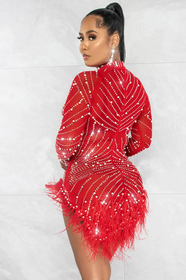 Sparkly Crystal High Neck Sheer Mesh Bodycon Feather Party Mini Dress - Red