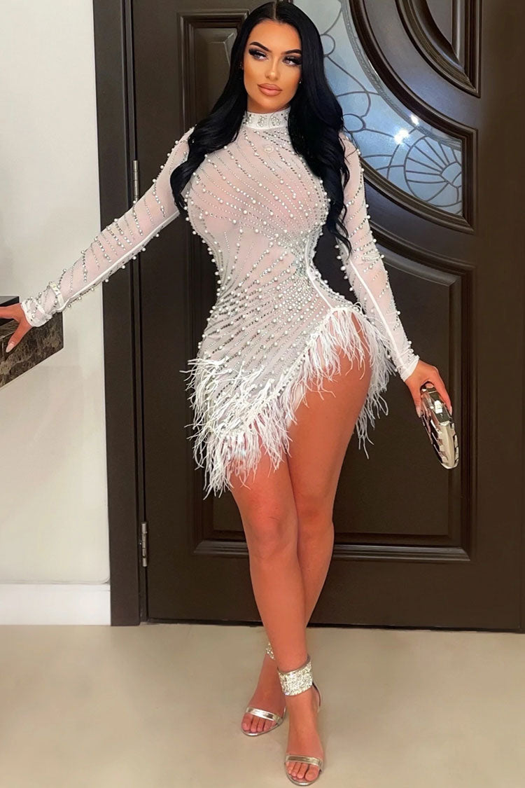 Sparkly Crystal High Neck Sheer Mesh Bodycon Feather Party Mini Dress - White