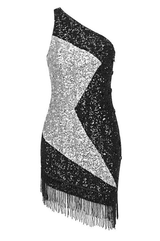 Sparkly Crystal Sequin Contrast One Shoulder Fringe Flapper Mini Dress - Black