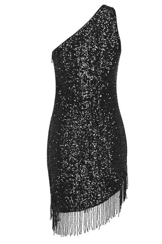 Sparkly Crystal Sequin Contrast One Shoulder Fringe Flapper Mini Dress - Black