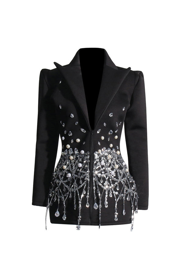 Sparkly Crystal Sequin Fringe Peak Lapel Zip Up Cinched Waist Party Blazer