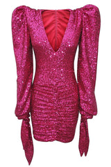Sparkly Deep V Bow Tie Puff Sleeve Ruched Bodycon Sequin Party Mini Dress - Hot Pink