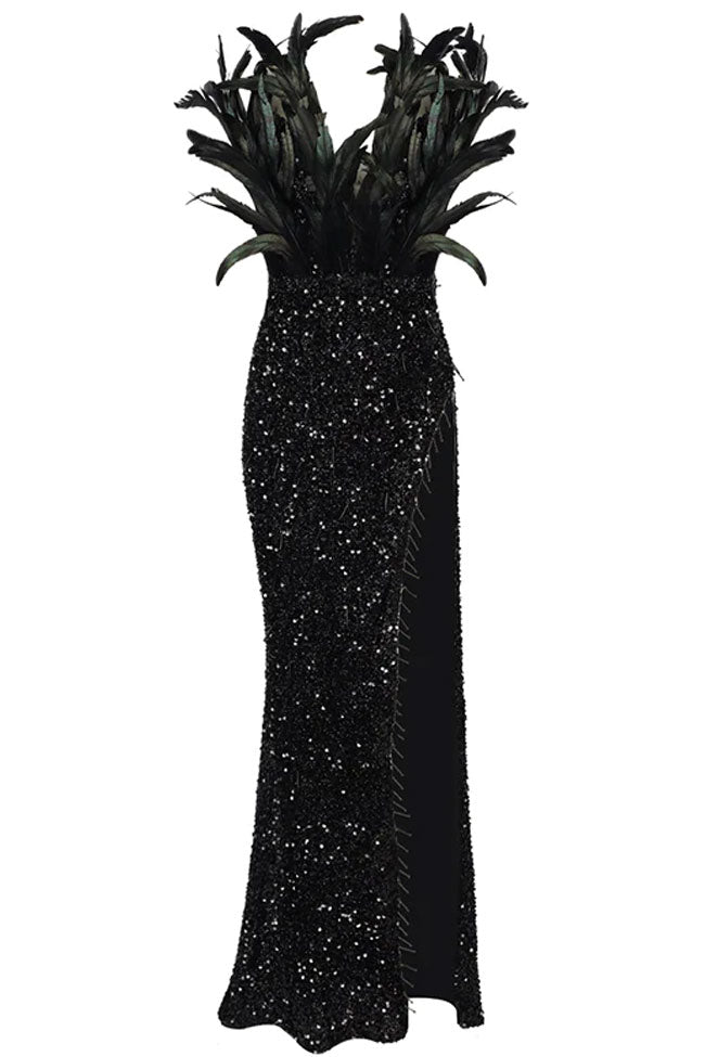 Sparkly Deep V Feather Trim Sequin High Waist Thigh Split Evening Maxi Dress - Black