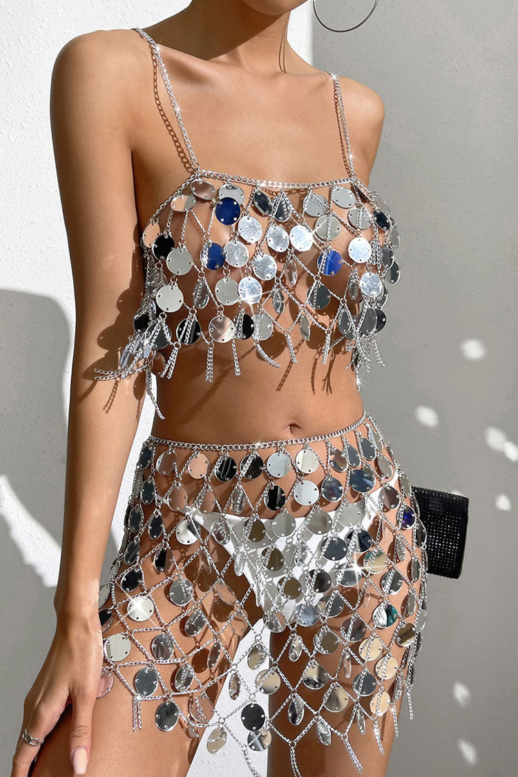 Sparkly Disc Sequin Crop Top Sheer Club Two Piece Mini Dress - Silver