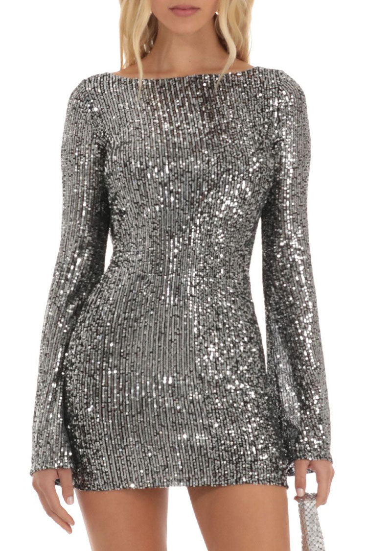 Sparkly Draped Backless Bell Sleeve Bodycon Sequin Party Mini Dress - Gray