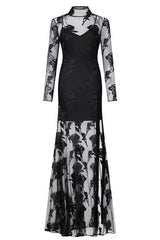 Sparkly Floral Jacquard High Neck Mesh Bandage Split Evening Maxi Dress - Black