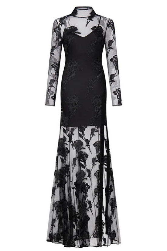 Sparkly Floral Jacquard High Neck Mesh Bandage Split Evening Maxi Dress - Black