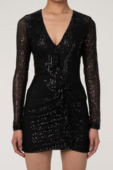 Sparkly Galaxy Long Sleeve Ruffle Deep V Sequin Mini Dress - Black
