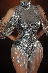 Sparkly Halter Neck Cold Shoulder Backless Sequin Fringe Party Mini Dress - Silver