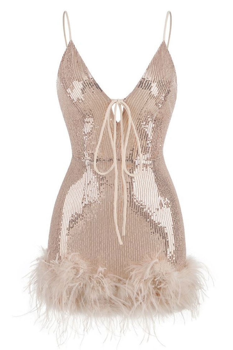 Sparkly Halter Neck Spaghetti Strap Feather Trim Sequin Party Mini Dress - Pink