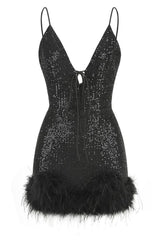 Sparkly Halter Neck Spaghetti Strap Feather Trim Sequin Party Mini Dress - Black