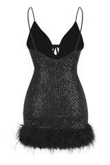 Sparkly Halter Neck Spaghetti Strap Feather Trim Sequin Party Mini Dress - Black