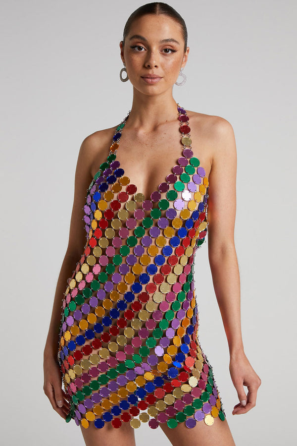 Sparkly Halter V Neck Backless Sheer Disc Sequin Club Mini Dress - Multicolor