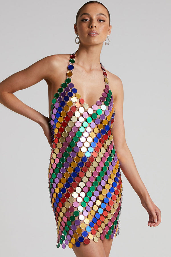 Sparkly Halter V Neck Backless Sheer Disc Sequin Club Mini Dress - Multicolor