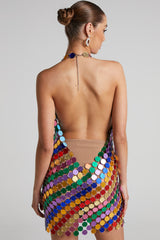 Sparkly Halter V Neck Backless Sheer Disc Sequin Club Mini Dress - Multicolor