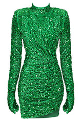 Sparkly High Neck Glove Sleeve Ruched Velvet Sequin Party Mini Dress - Emerald Green