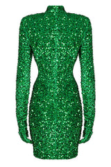Sparkly High Neck Glove Sleeve Ruched Velvet Sequin Party Mini Dress - Emerald Green