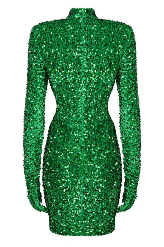 Sparkly High Neck Glove Sleeve Ruched Velvet Sequin Party Mini Dress - Emerald Green