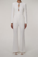 Sparkly Jeweled Neck Cutout Padded Long Sleeve Full Length Flared Jumpsuit
