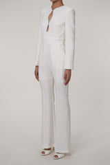 Sparkly Jeweled Neck Cutout Padded Long Sleeve Full Length Flared Jumpsuit