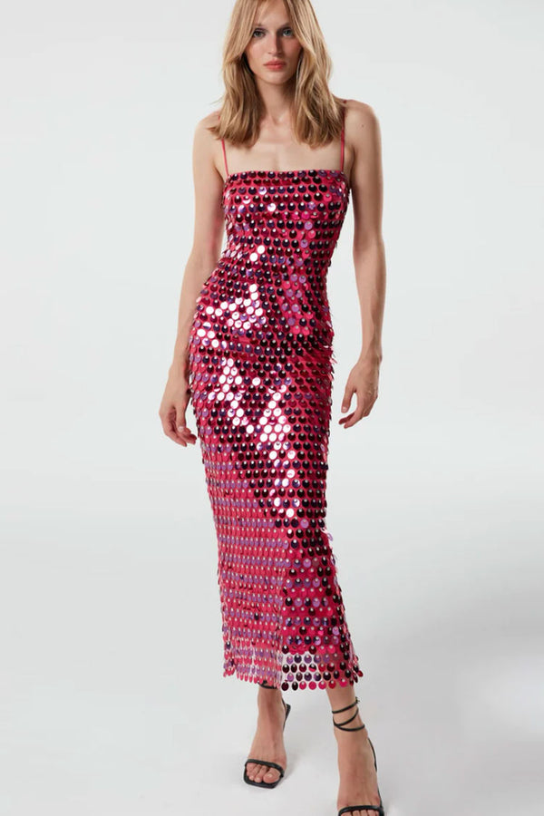 Sparkly Mermaid Sequin Spaghetti Strap Split Evening Maxi Dress - Rose