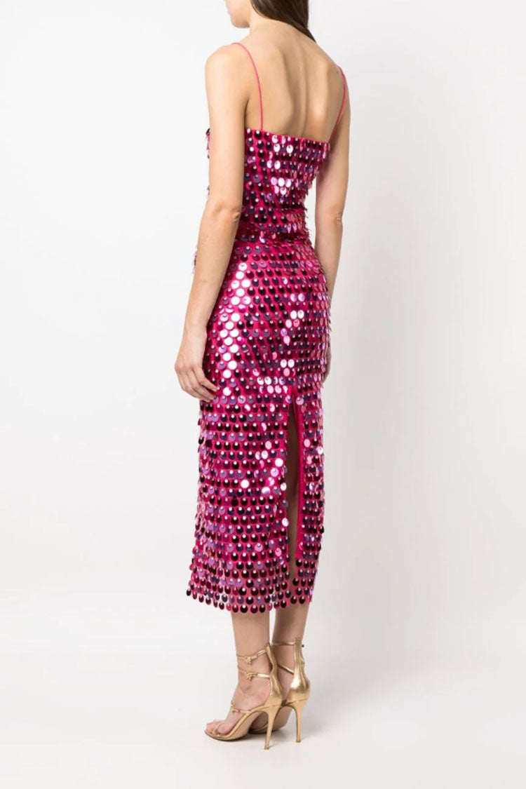 Sparkly Mermaid Sequin Spaghetti Strap Split Evening Maxi Dress - Rose