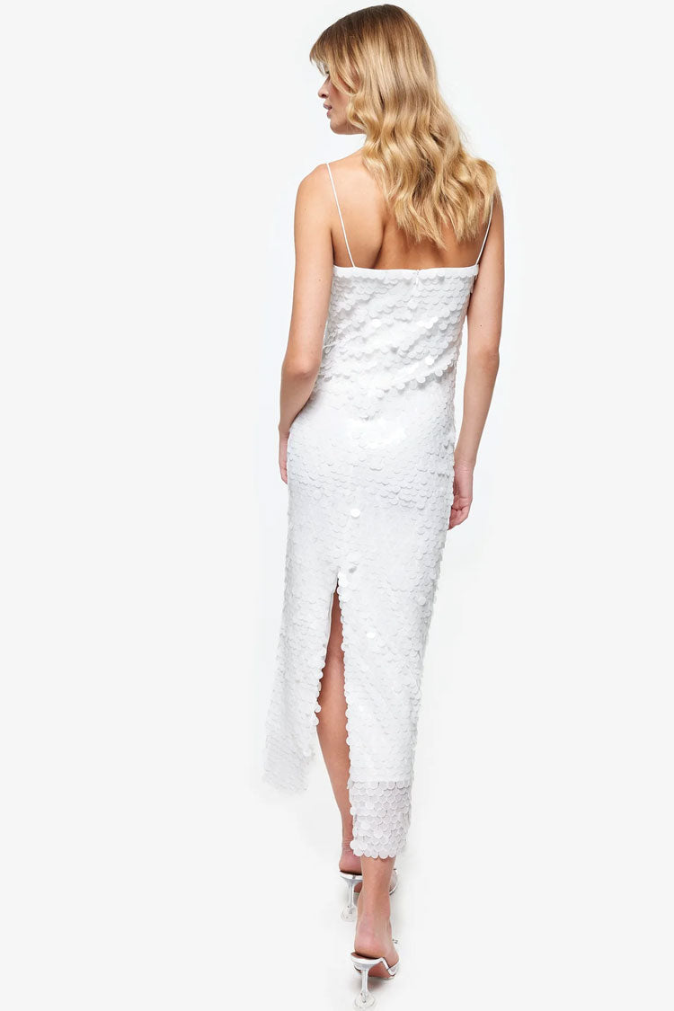 Sparkly Mermaid Sequin Spaghetti Strap Split Evening Maxi Dress - White