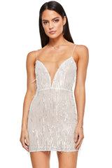 Sparkly Mesh Deep V Spaghetti Strap Sequin Fringe Mini Dress - Silver