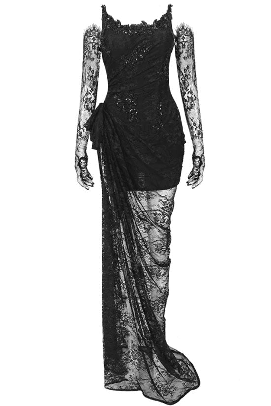 Sparkly Notch Strapless Sheer Glove Lace Corset High Split Formal Maxi Dress - Black