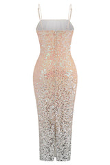 Sparkly Ombre Sequin Spaghetti Strap Cutout Side Cocktail Midi Dress - Pink