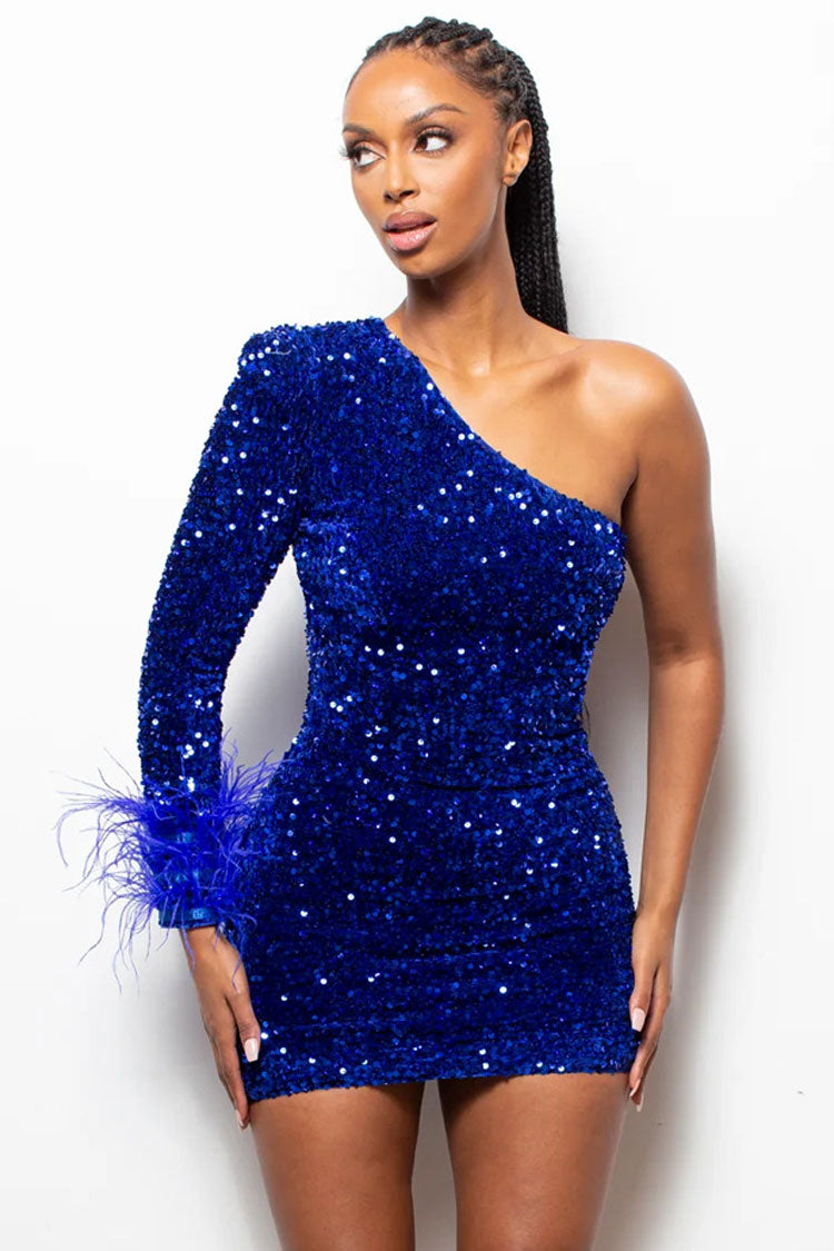 Sparkly One Shoulder Bodycon Velvet Feather Sequin Party Mini Dress - Royal Blue