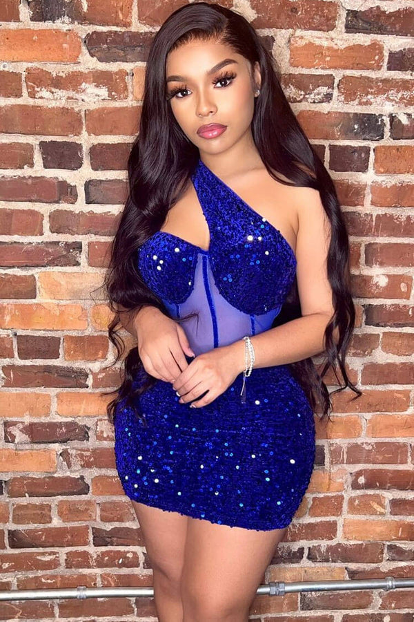 Sparkly One Shoulder Mesh Velvet Sequin Bodycon Party Mini Dress - Blue