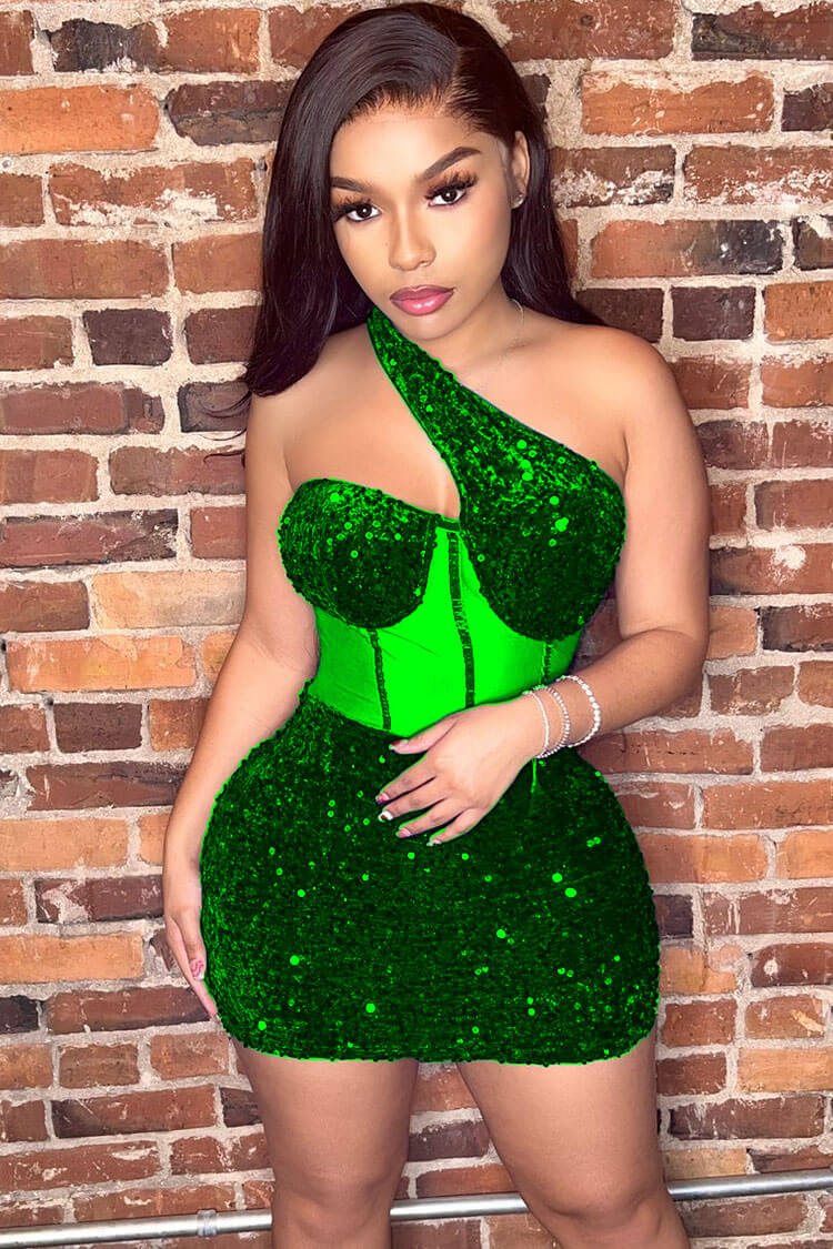 Sparkly One Shoulder Mesh Velvet Sequin Bodycon Party Mini Dress - Green