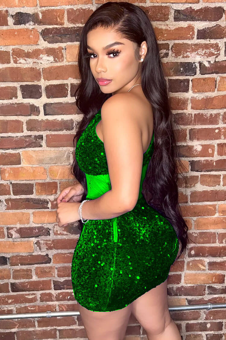 Sparkly One Shoulder Mesh Velvet Sequin Bodycon Party Mini Dress - Green