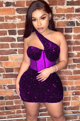Sparkly One Shoulder Mesh Velvet Sequin Bodycon Party Mini Dress - Purple
