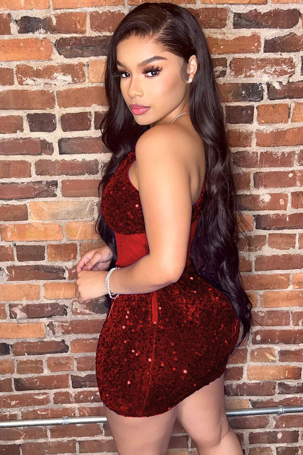 Sparkly One Shoulder Mesh Velvet Sequin Bodycon Party Mini Dress - Red