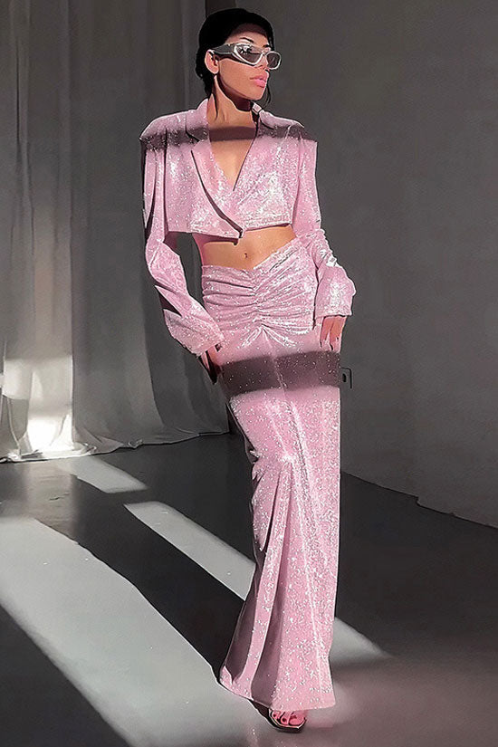 Sparkly Padded Crop Blazer Ruched Drop Waist Maxi Two Piece Dress - Pink