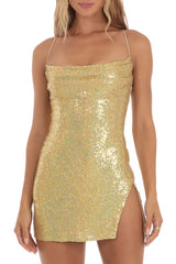 Sparkly Pleated Trim Sleeveless Slit Bodycon Sequin Party Mini Dress - Gold