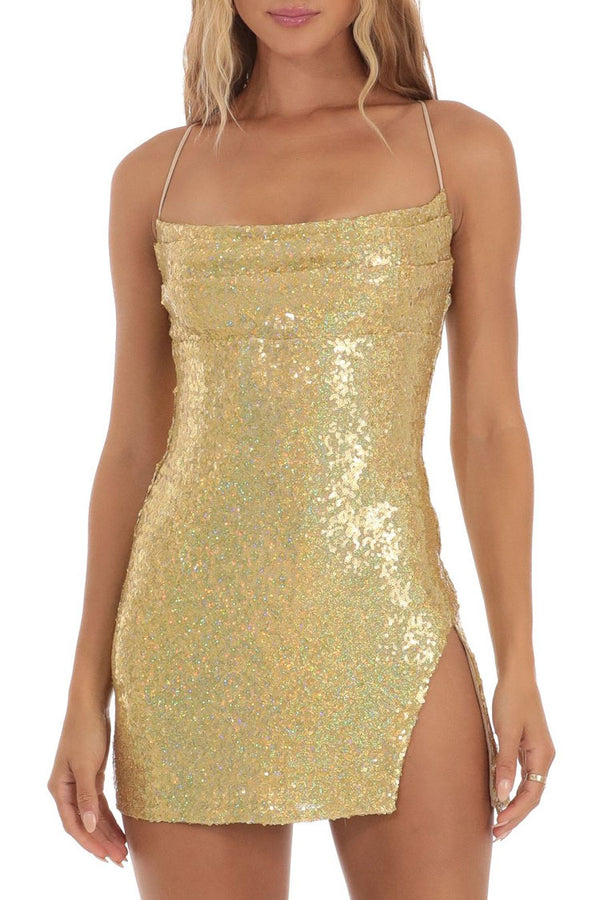 Sparkly Pleated Trim Sleeveless Slit Bodycon Sequin Party Mini Dress - Gold