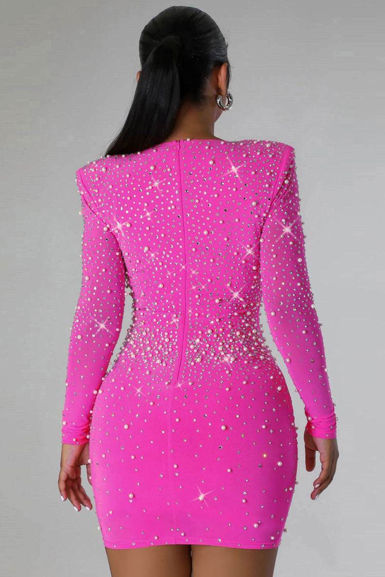 Sparkly Rhinestone Beaded Bustier Long Sleeve Party Mini Dress - Hot Pink