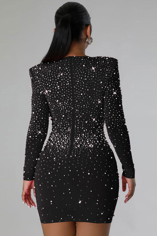 Sparkly Rhinestone Beaded Bustier Long Sleeve Party Mini Dress - Black