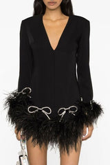Sparkly Rhinestone Bow V Neck Fuzzy Feather Trim Mini Party Dress - Black